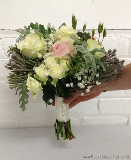 Wild Just Picked Garden Flower Bridal Bouquet in Creams, Pink and Grey with Spray roses, Gypsophila, Brunia Berries and Senecio Leaves Side View