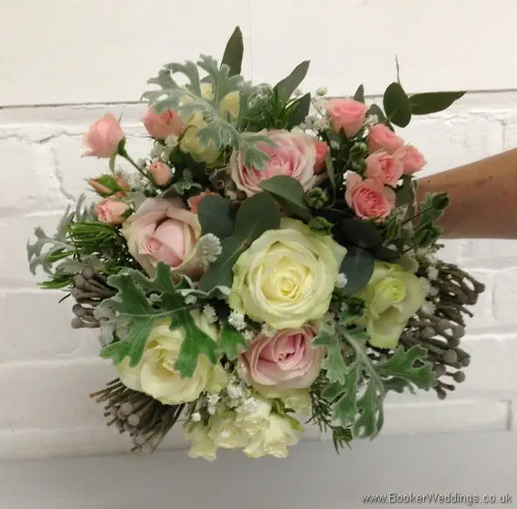 Wild Just Picked Garden Flower Bridal Bouquet in Creams, Pink and Grey with Spray roses, Gypsophila, Brunia Berries and Senecio Leaves