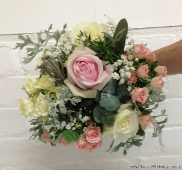Wild Just Picked Garden Flower Bridesmaid Bouquet in Creams, Pink and Grey with Spray roses, Gypsophila, Brunia Berries and Senecio Leaves