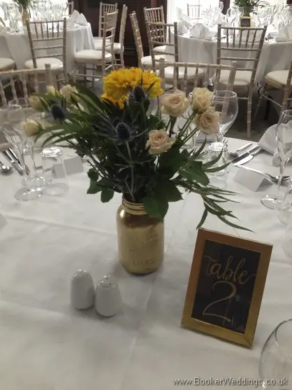 Gold Kilner Jars with Just Picked Wild Garden Flowers as Table Centrepieces - Roses, Eryngium and Eucalyptus at Aloft Hotel