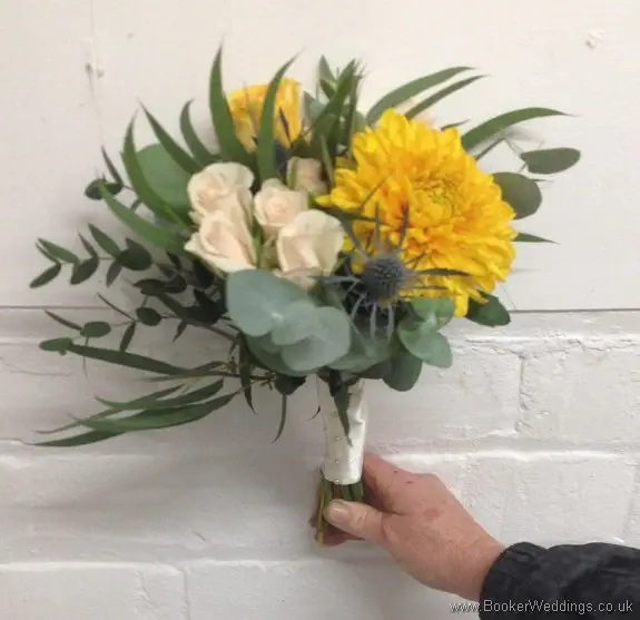 Wild Just Picked Bridesmaid Hand tied Bouquet with Gold, peach and Navy  with Roses, Spray roses, Crysanthemum, Eryngium, Brunia Berries and Eucalyptus Side View