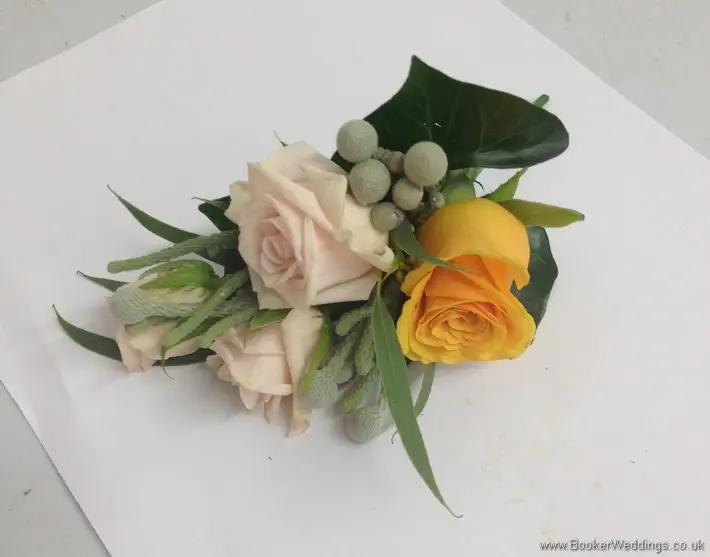 Wild Just Picked Flowers in Gold, peach and Navy with Grey Foliage Pin Corsage