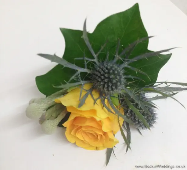 Wild Just Picked Grooms Buttonhole with Rose, Eryngium, Brunia Berries and Ivy
