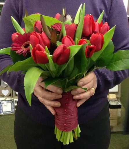 Red Germini and Tulip Bouquet - Side View