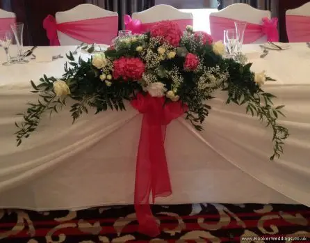 Cerise Hydrangea and White Rose Top Table Arrangement