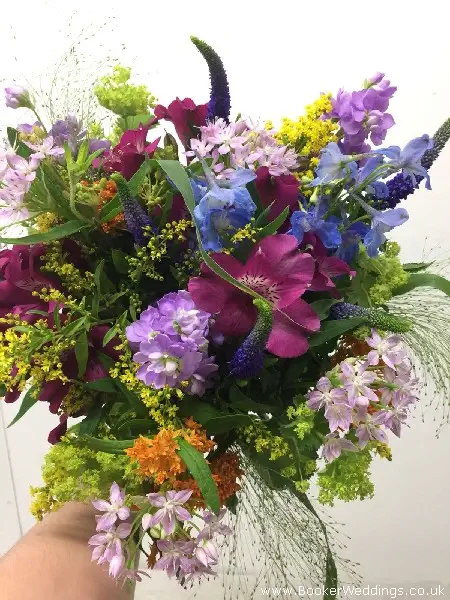 Bright Bride Bouquet Of Blue Summer Flowers Including Delphinium Stocks Veronica and Alstromeria