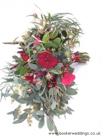 Wild Bridal Bouquet Red Roses Eryngium Berries Eucalyptus