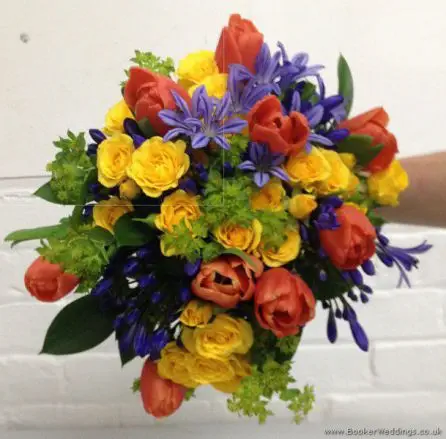 Brightly Coloured Bridal Bouquet in Primary Colours with Tulips, Agapanthus and Spray Roses