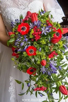 Red and blue Bridal Bouquet with anenome, hyacinth, bouvardia, agapanthus and tulips