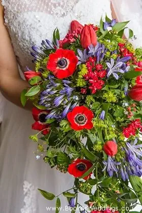 Red anenome, blue hyacinth, red tulips meaning love and luck