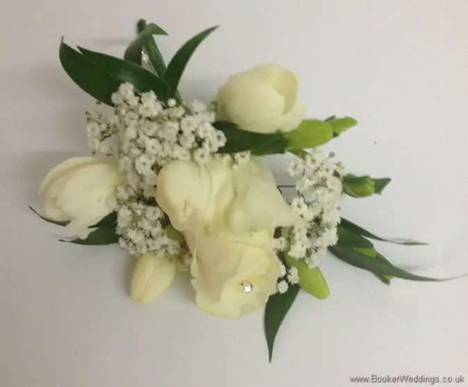 All White Wedding flowers with Spray Roses and Gypsophila Pin Corsage