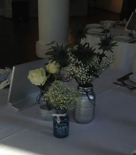 Jar Table Arangments Rose Eryngium and Gypsophilia 2