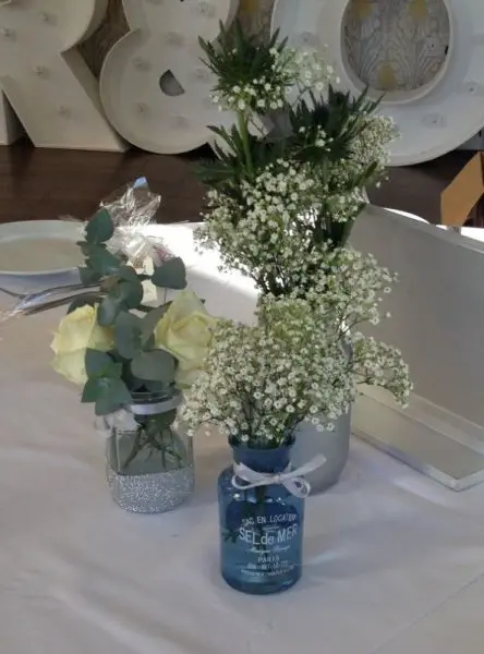 Jar Table Arangments Rose Eryngium and Gypsophilia 5