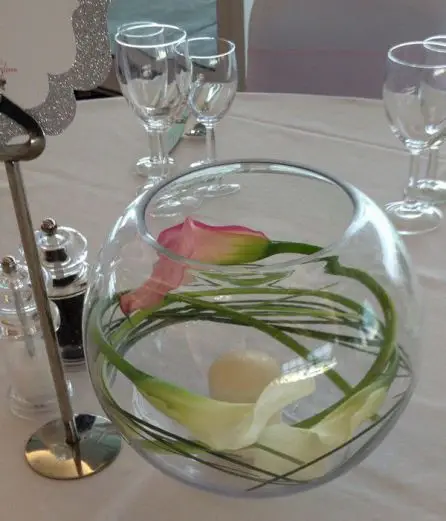 Pink and Whtie Calla Lily Fish Bowl Arragement 2