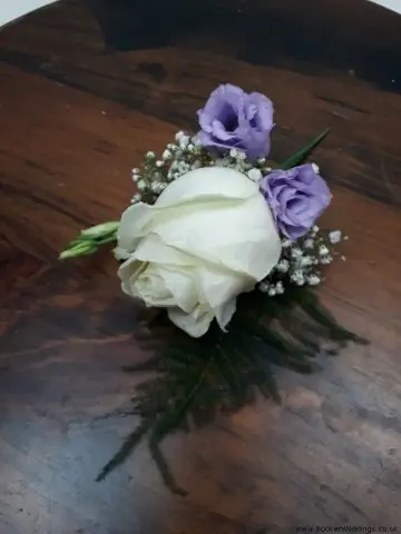 Groom Buttonhole of White Rose and Lilac Lisianthus