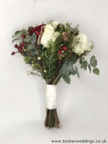 Bridesmaid Red and White Roses and Red Berries