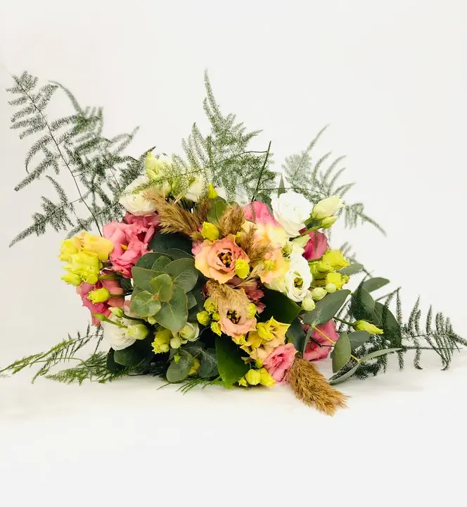Peach Lisianthus Bridesmaid Bouquet with Pampas