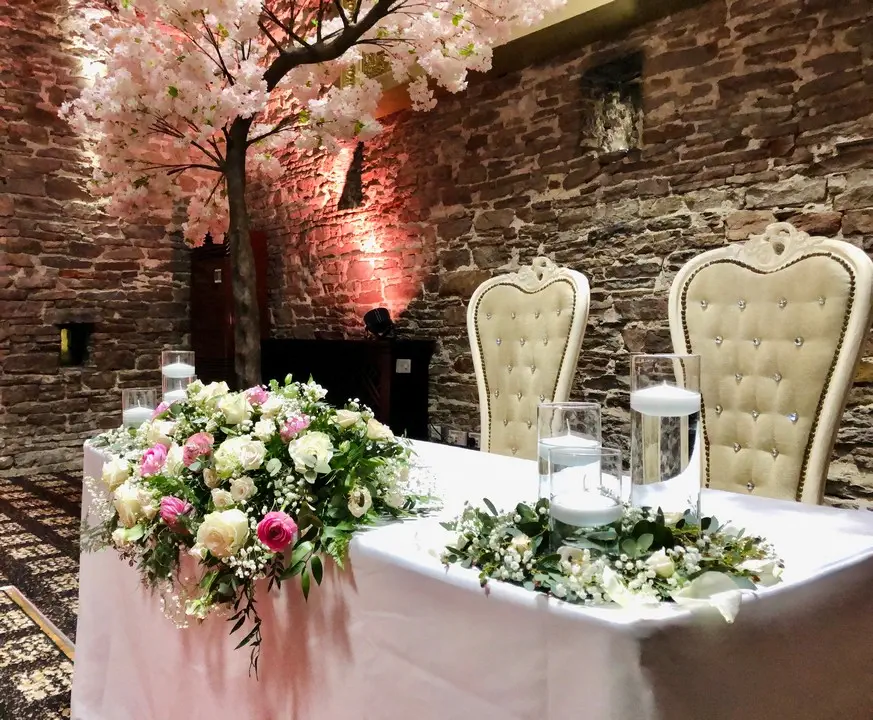 Pretty Pink Flowers and Eucalyptus Ceremony Table