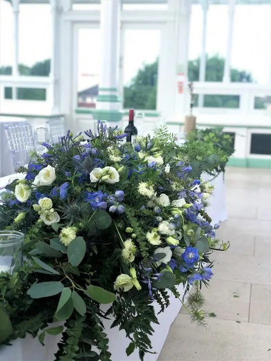 Delphinium Floral Table Runner at Summer Wedding