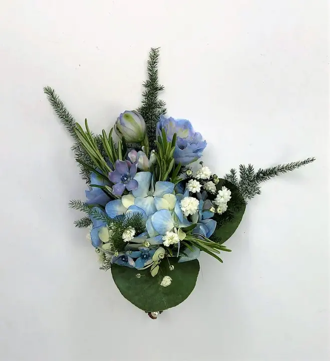 Grooms Summery Blue Hydrangea Boutonniere with Eucalyptus