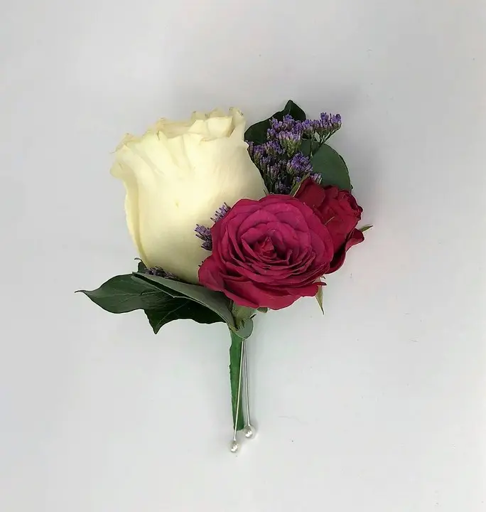 Pink and White Rose Buttonhole with Lilac Limonium