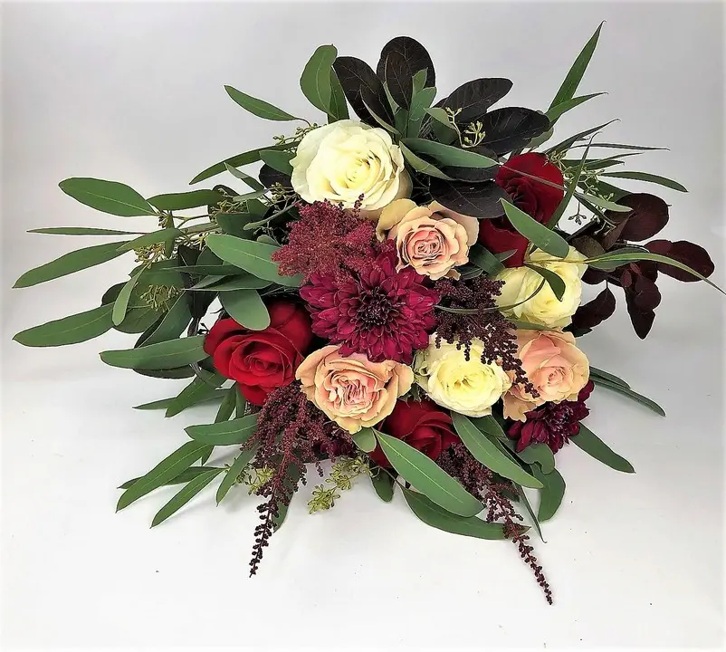 Pink Red and White Rose Bridal Bouquet with Wild Foliage