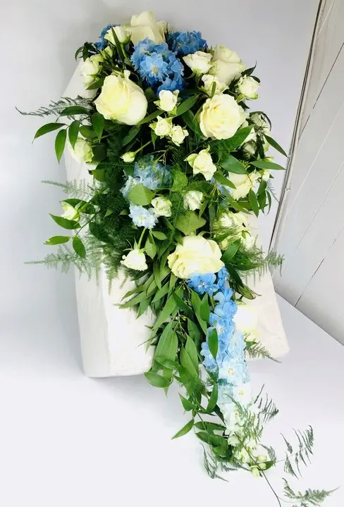 Regal White Rose and Blue Delphinium Summer Shower Bouquet for Bride