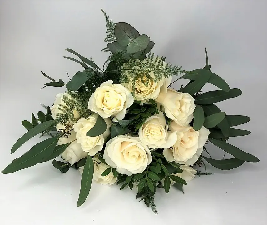 Simple White Rose Bridal Handtied with Mixture of Eucalyptus
