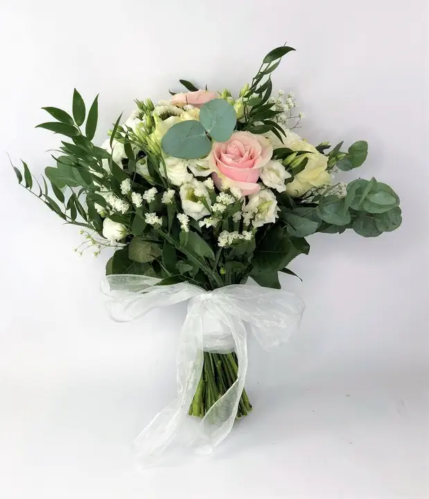 Summer Bridal Handtied Bouquet with Pink Roses and White Ribbon