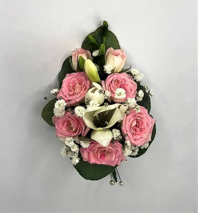 White Freesia and Pink Spray Rose Corsage with Eucalyptus