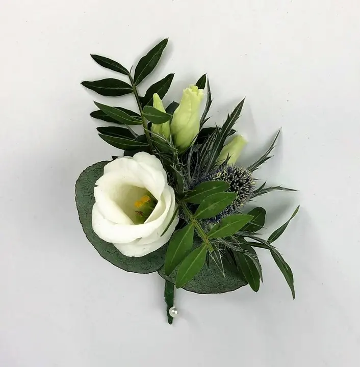 White Lisianthus and Thistle Boutonniere for Wedding
