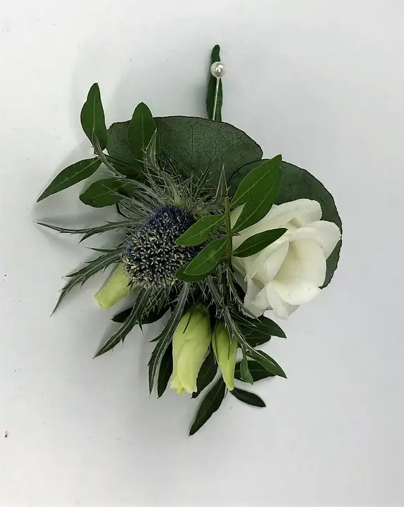 White and Blue Thistle Boutonniere for Wedding