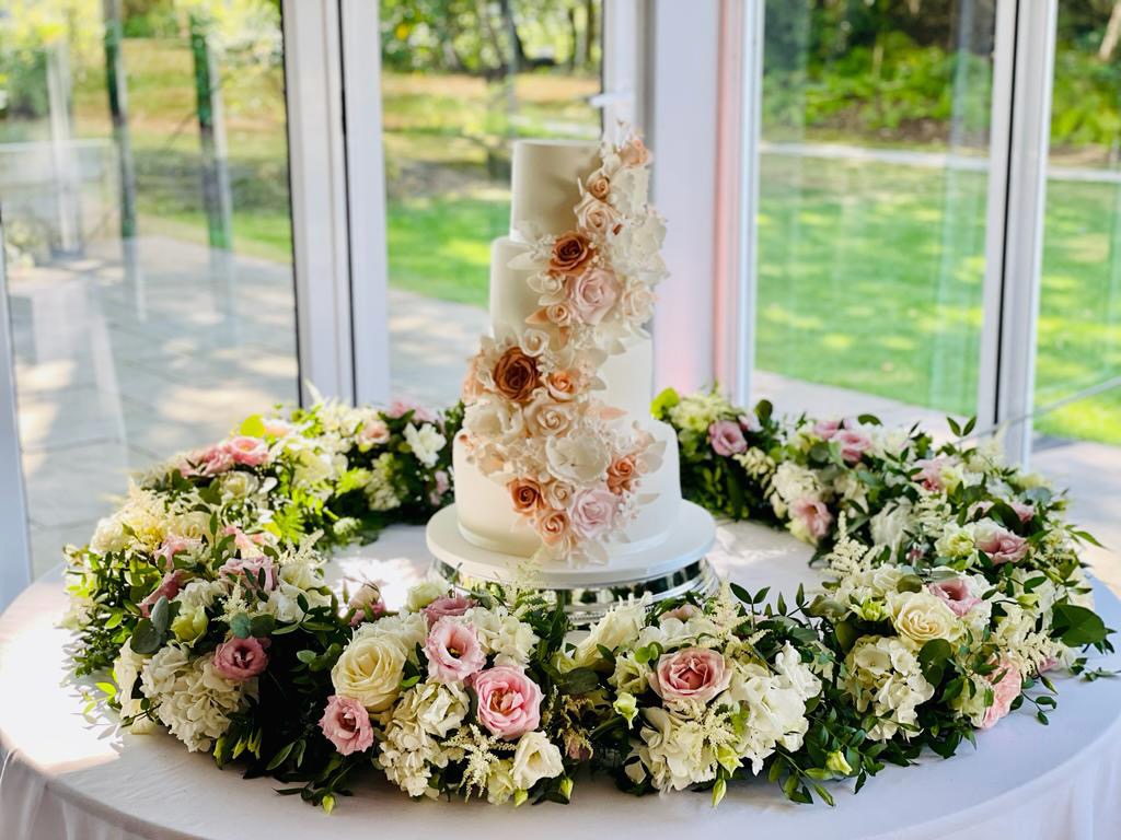 Grand Pink and White Wedding Flowers for Cake Table