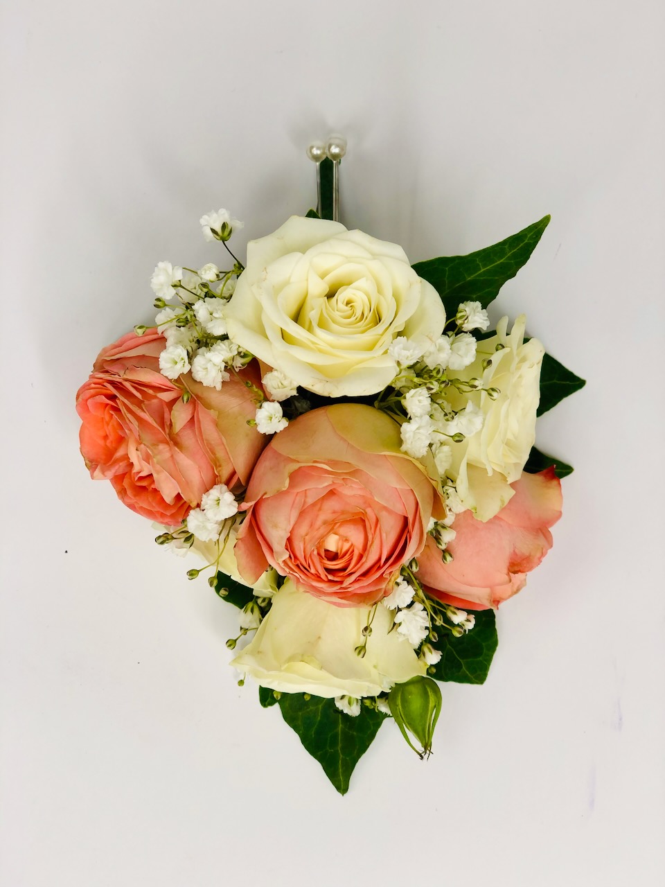 Peach and White Spray Rose Corsage