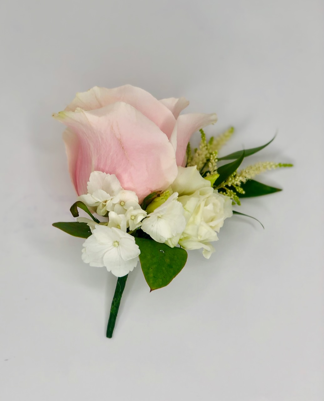 Pink Rose Buttonhole with Hydrangea and Astilbe