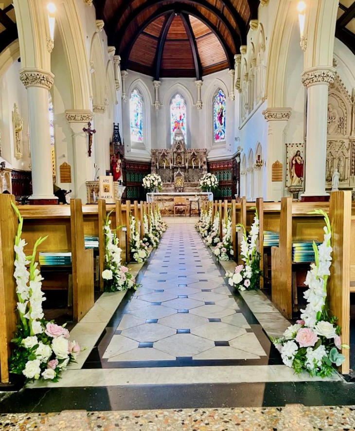 Pink and Whiter Pew Ends at Bishop Eaton