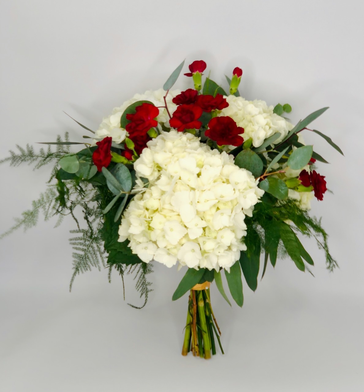 Red and White Hydrangea Bridesmaid Bouquet with Gold Touches