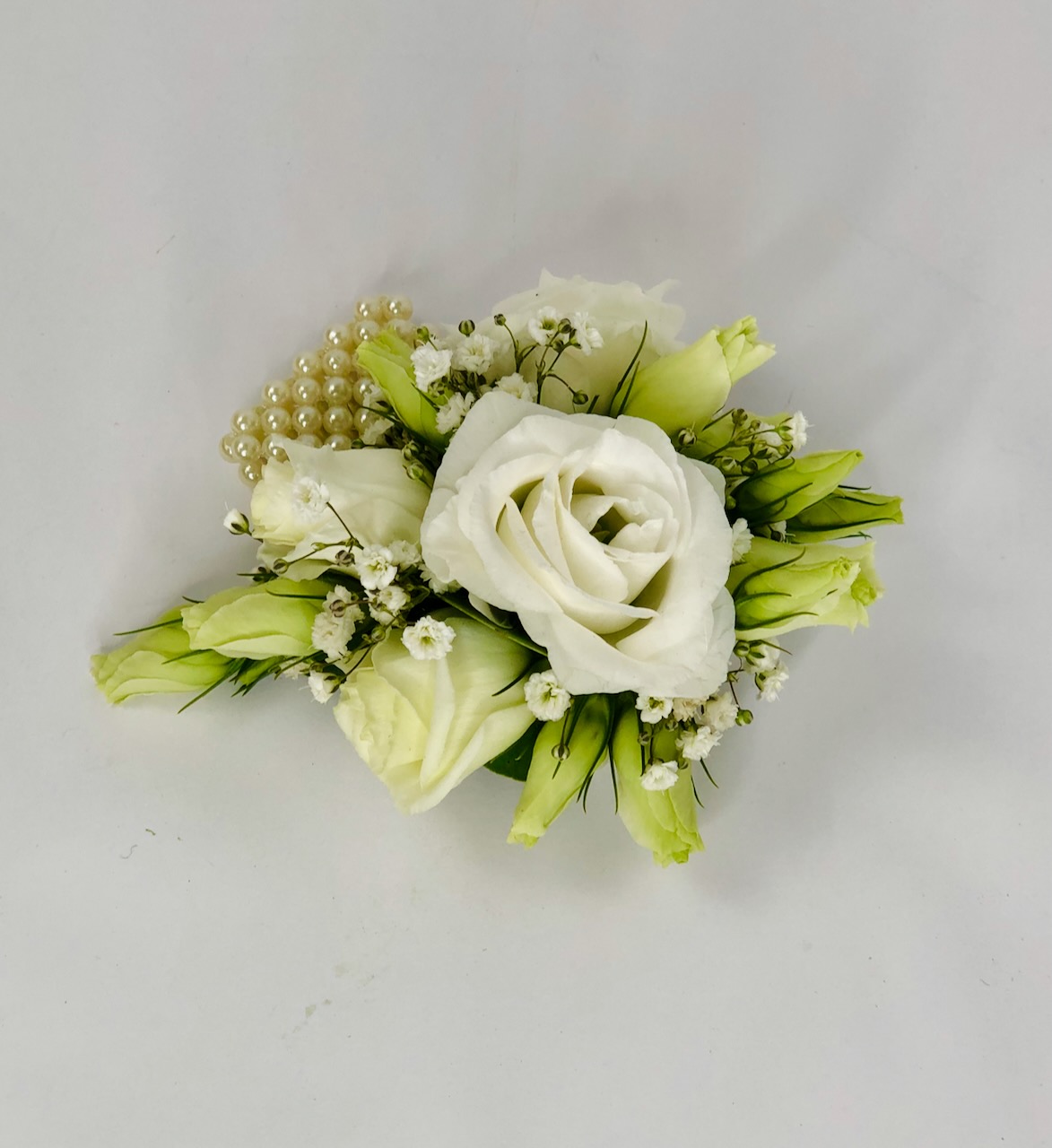 White Lisianthus Wrist Corsage for Mother of Bride