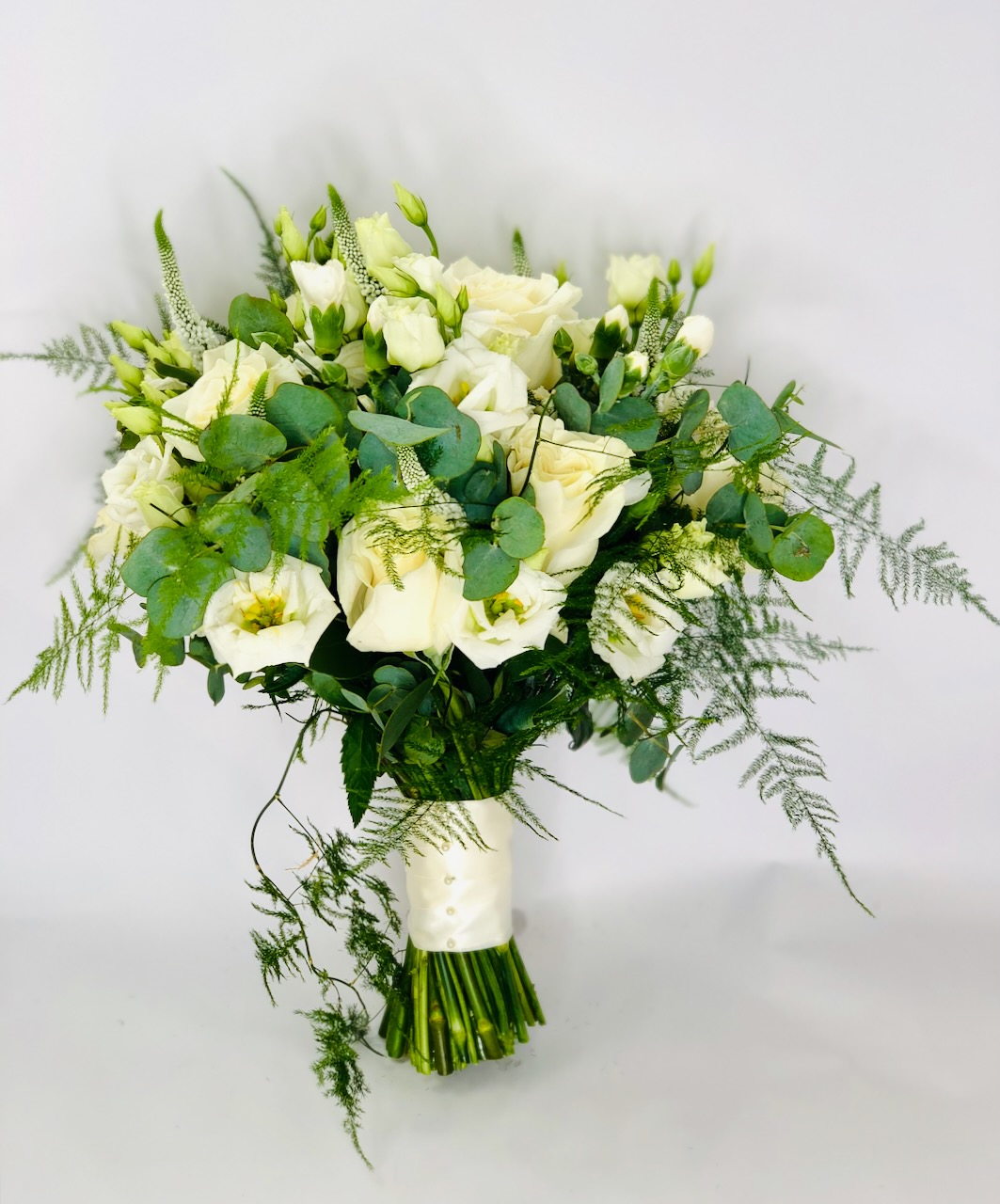 White Rose and Lisianthus Bridal Handtied with Wild Foliage