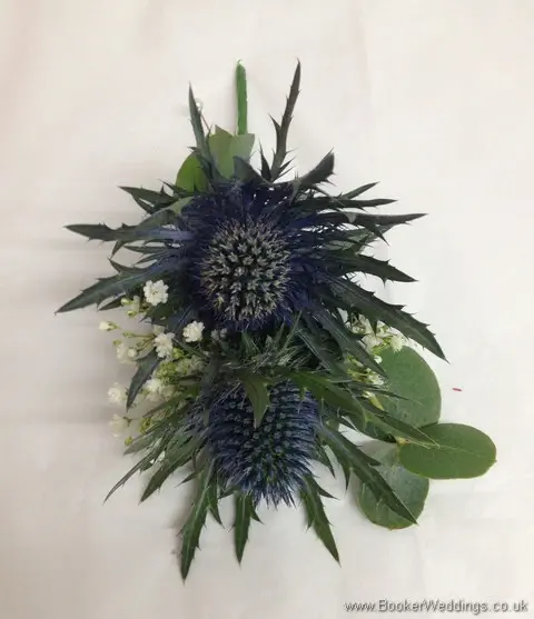 Blue Eryngium and White Gypsy Grass with Eucalyptus buttonhole