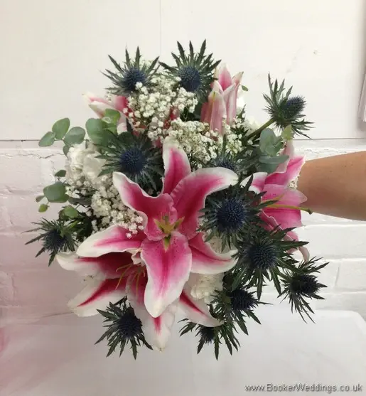 Bridal hand tied bouquet of Pink Stargazer lillies, white spray carnations, blue eryngium thistles, Gypsy Grass and Eucalyptus