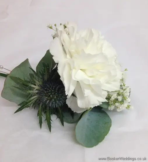 Grooms buttonhole of Blue Eryngium and White Carnation with Gypsy Grass and Eucalyptus