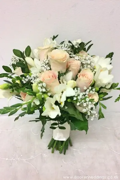 Bride Handtied Bouquet Of Roses Freesia and Gypsy Grass for Rose Gold Wedding