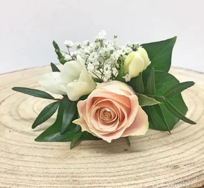 Groom Buttonhole Rose Gold Wedding With Rose Freesia and Gypsy Grass