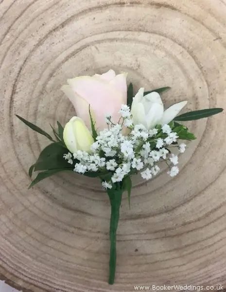 Groom Rose Buttonhole For Rose Gold Wedding With Rose Freesia and Gypsy Grass