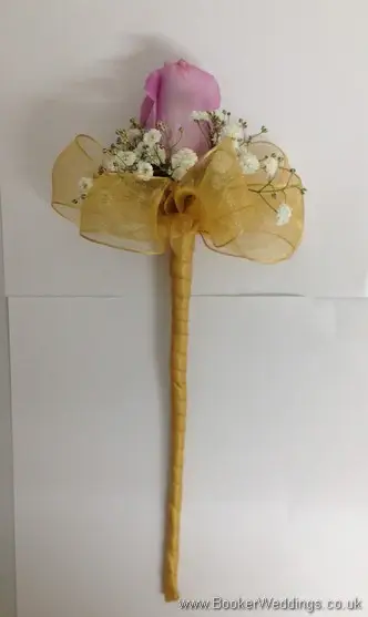 Flower Girl Dusky Lilac Rose and Gypsophila Wand Bouquet with Gold Ribbon and Bow Side View