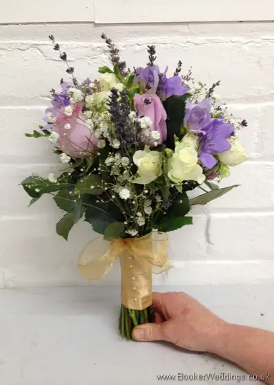 Just Picked but Neat Hand Tied Bridal Bouquet in Dusky Lilac and Gold with Lavender Roses, Lilac Freesia, Gypsophila, White spray roses, lavender Side View