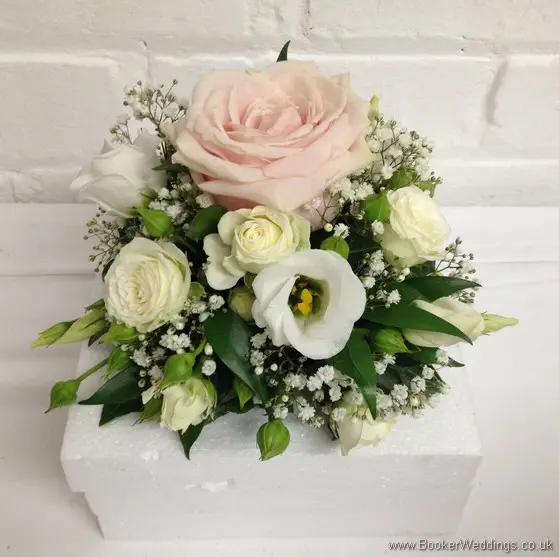 Cake Topper in a Blush and Ivory Wedding Flower theme with peonies, roses, gypsy grass and lissianthus