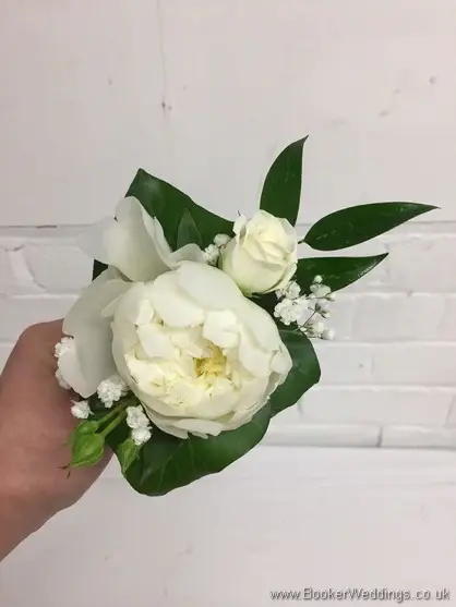 Grooms Peony Buttonhole with roses and gypsophila
