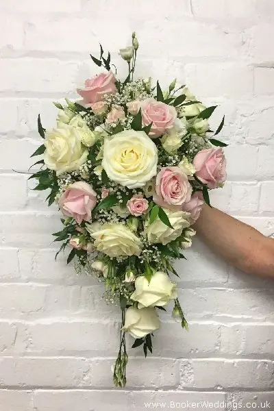 Bride Teardrop Bouquet with Avalanche Roses and Gyp Wedding Flowers